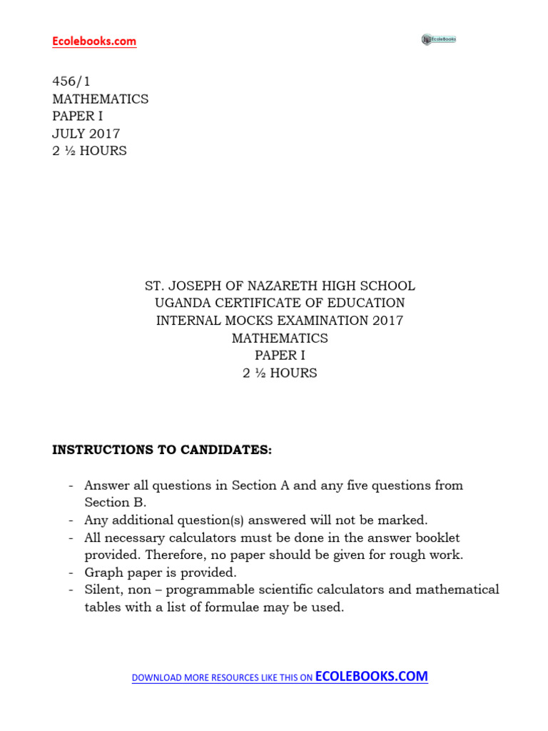 Mathematics Paper I Mock Exam 2017 | PDF | Mathematics