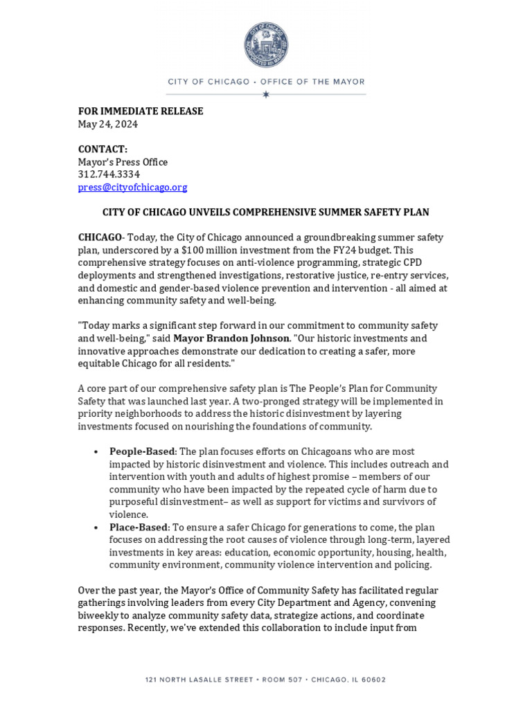 Chicago Summer Safety Plan 2024 | PDF | Violence | Chicago Police ...