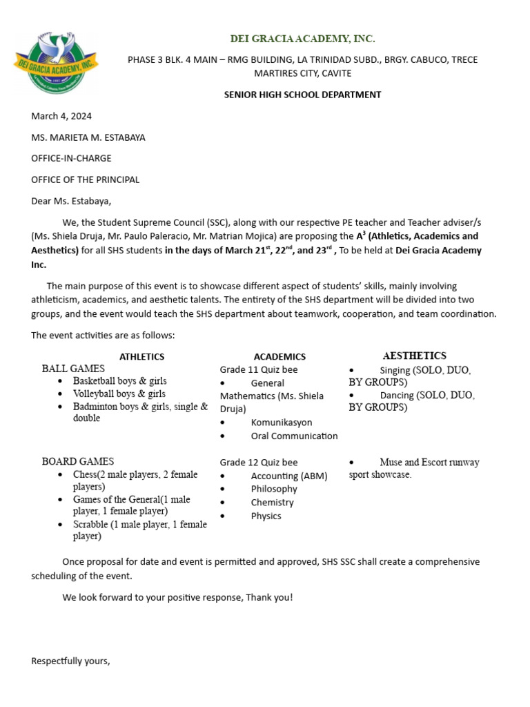 Dei Gracia Academy Sci Math Club Proposal | PDF