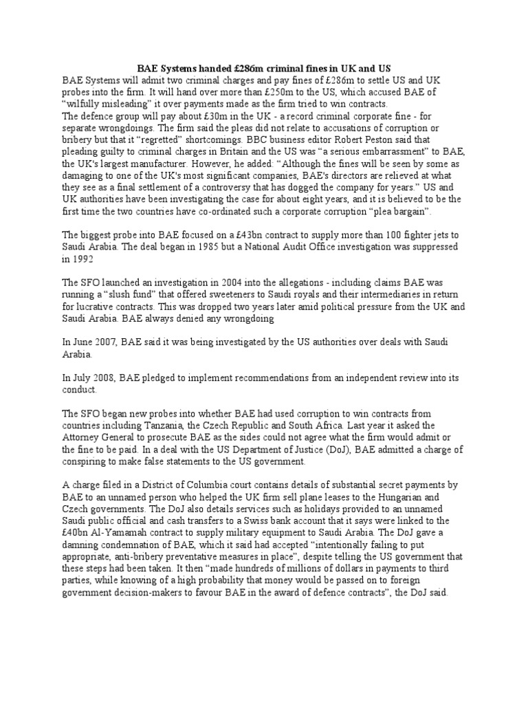 BAE Systems Fined £286M for Misconduct | PDF | Government | Misconduct