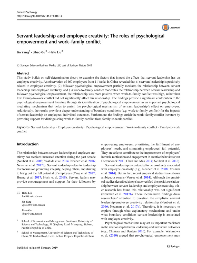 Servant Leadership and Employee Creativity: The Roles of Psychological ...