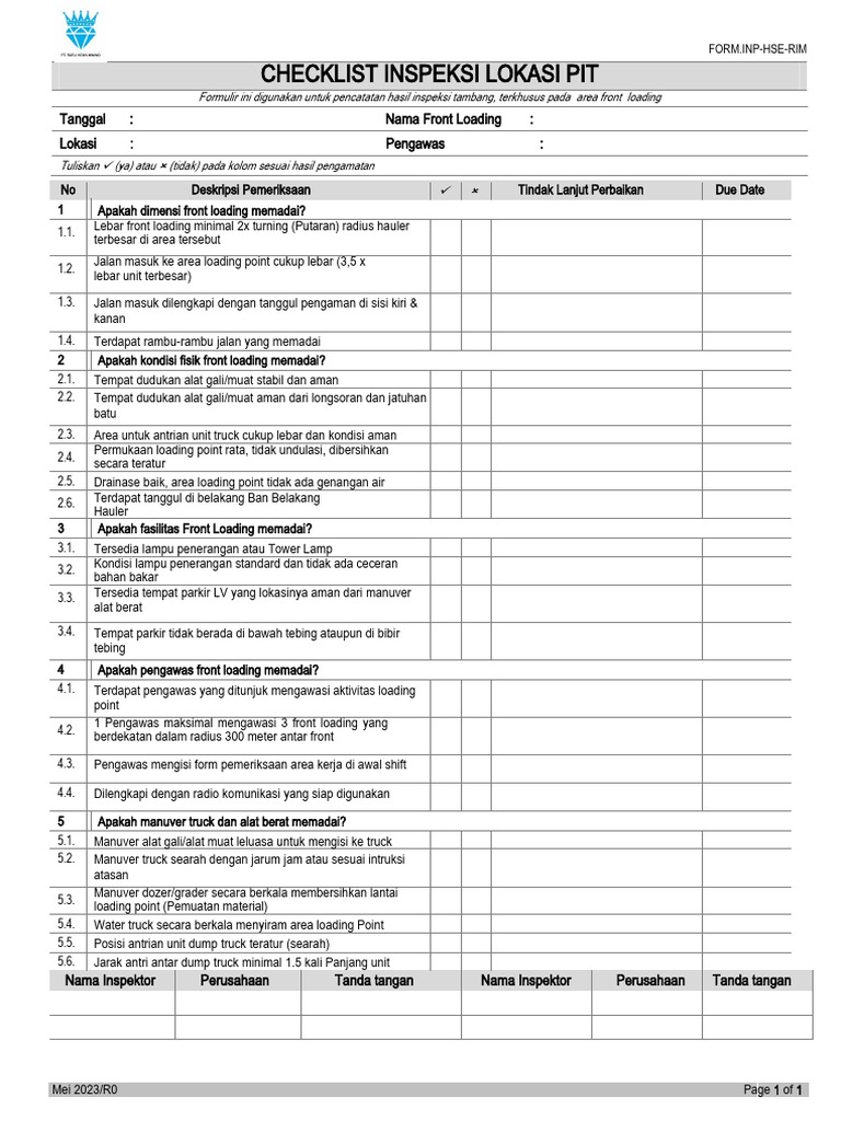 Checklist Inspeksi Front Loading Pit | PDF