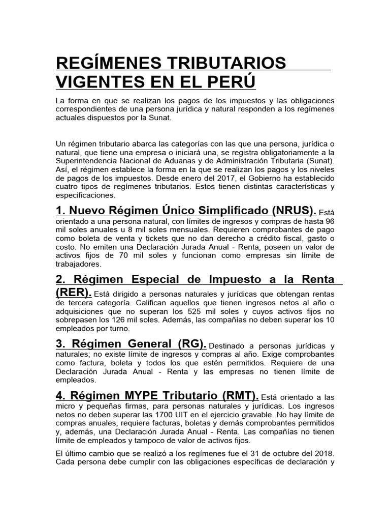 Regimen Tributarios Vigentes Del Perú | PDF | Impuestos | Impuesto ...