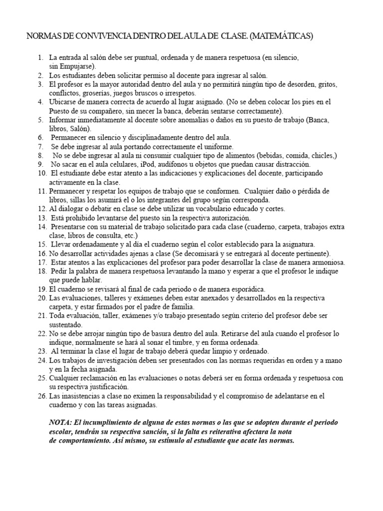 Normas de Convivencia en Matemáticas | PDF | Salón de clases