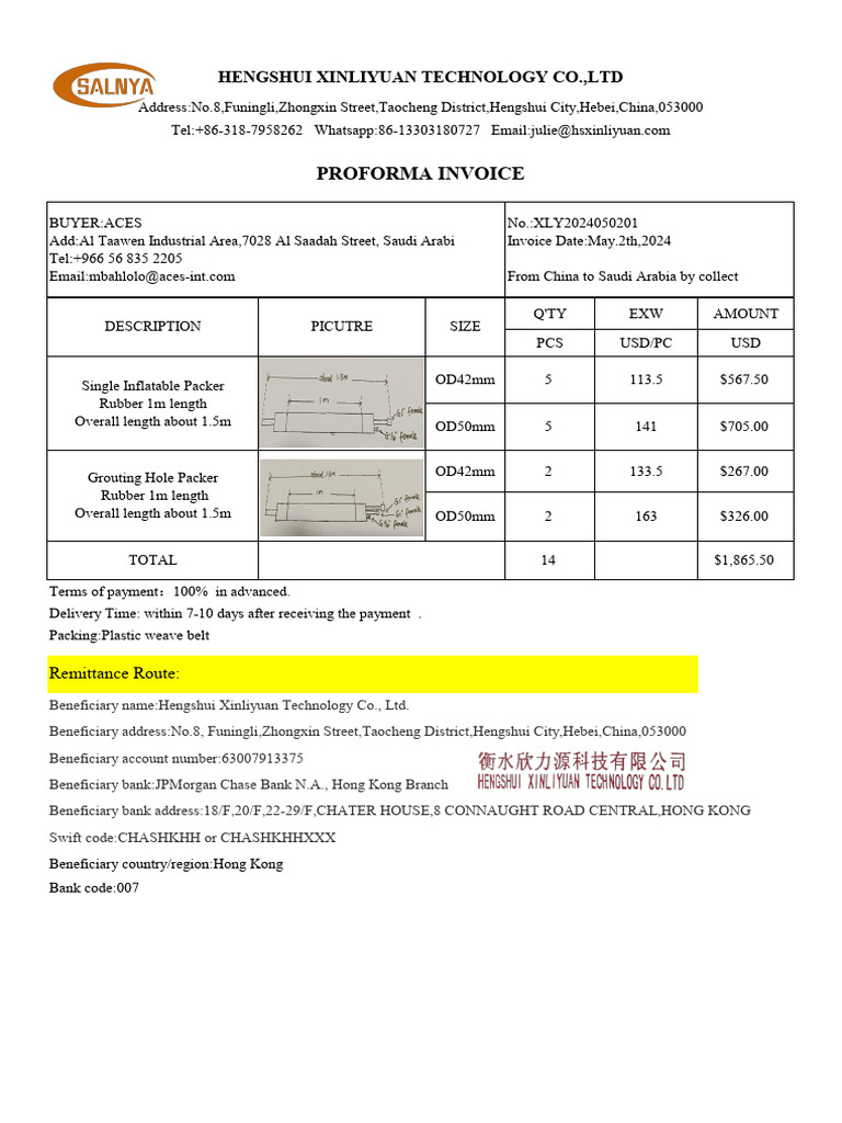 Proforma Invoice for Inflatable Packers | PDF