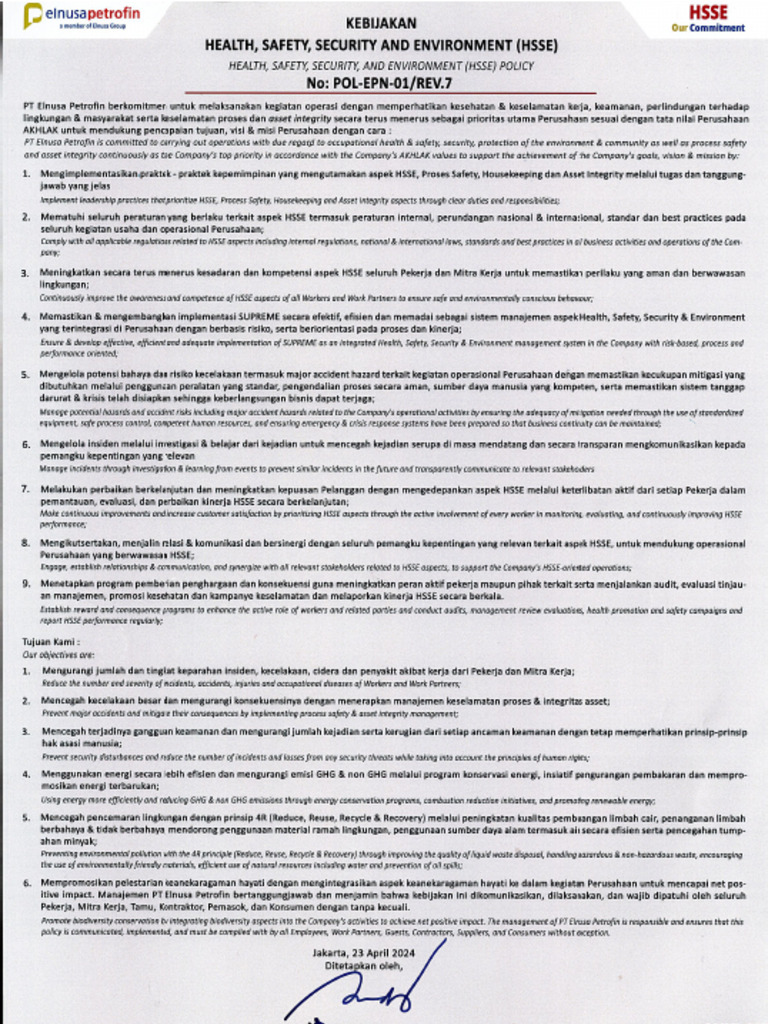 Kebijakan HSSE EPN | PDF