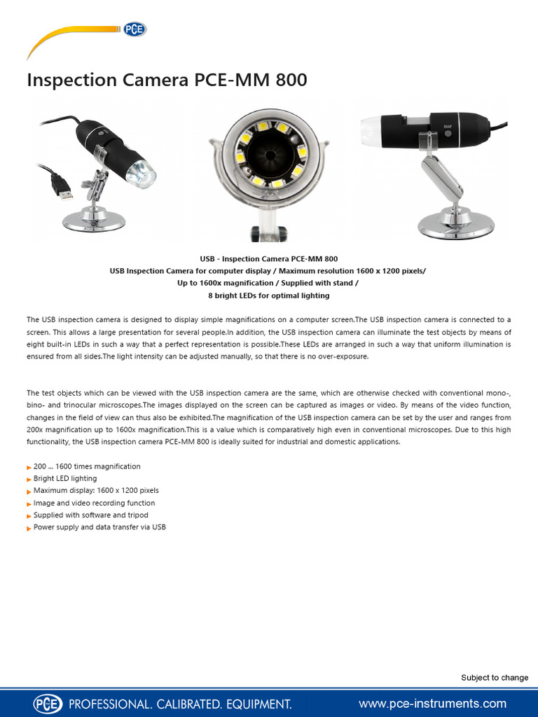 Data Sheet Pce MM 800 Pce Instruments | PDF | Camera | Usb