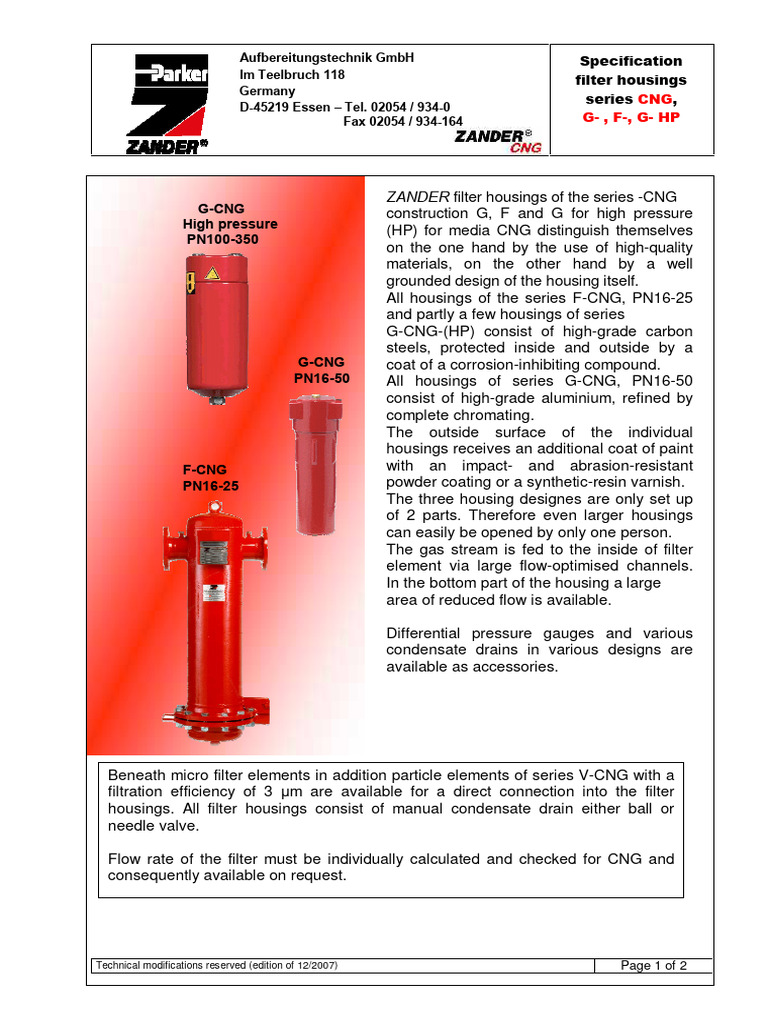 CNG Filter Housings Specifications | PDF | Filtration | Steel
