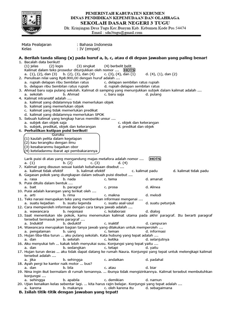 Soal Bahasa Indonesia Kelas IV | PDF