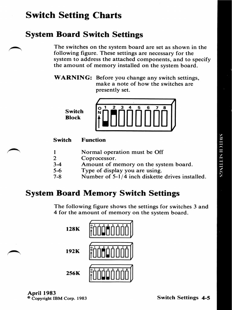 IBM PC XT 256-640 DIP Switch Settings | PDF | Computing | Classes Of ...