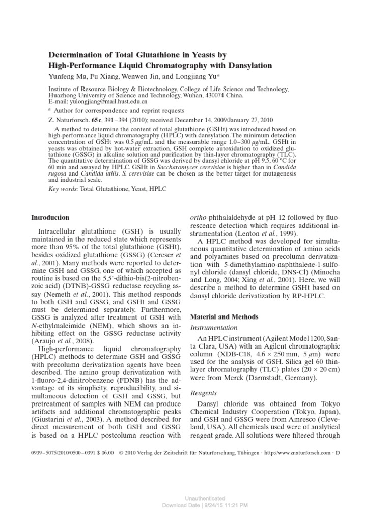 HPLC Method for Total Glutathione in Yeasts | PDF | High Performance ...