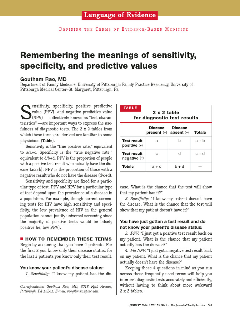 Understanding Test Characteristics in Medicine | PDF | Sensitivity And ...