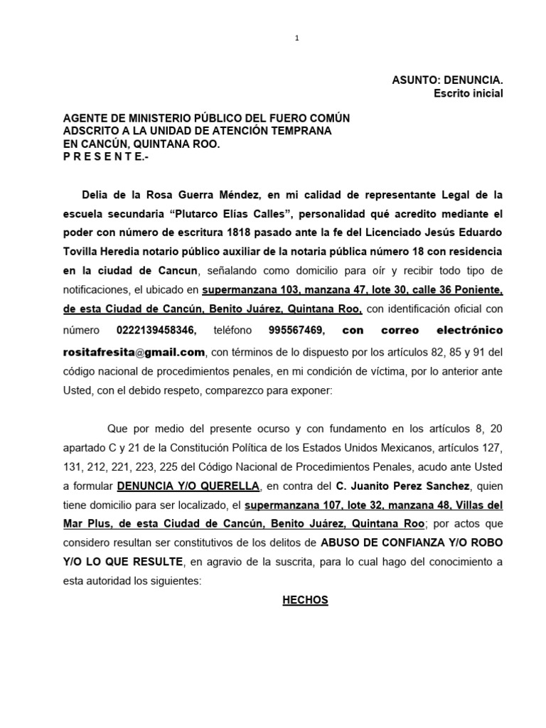 Denuncia por Robo y Abuso de Confianza | PDF | Justicia | Crimen y ...