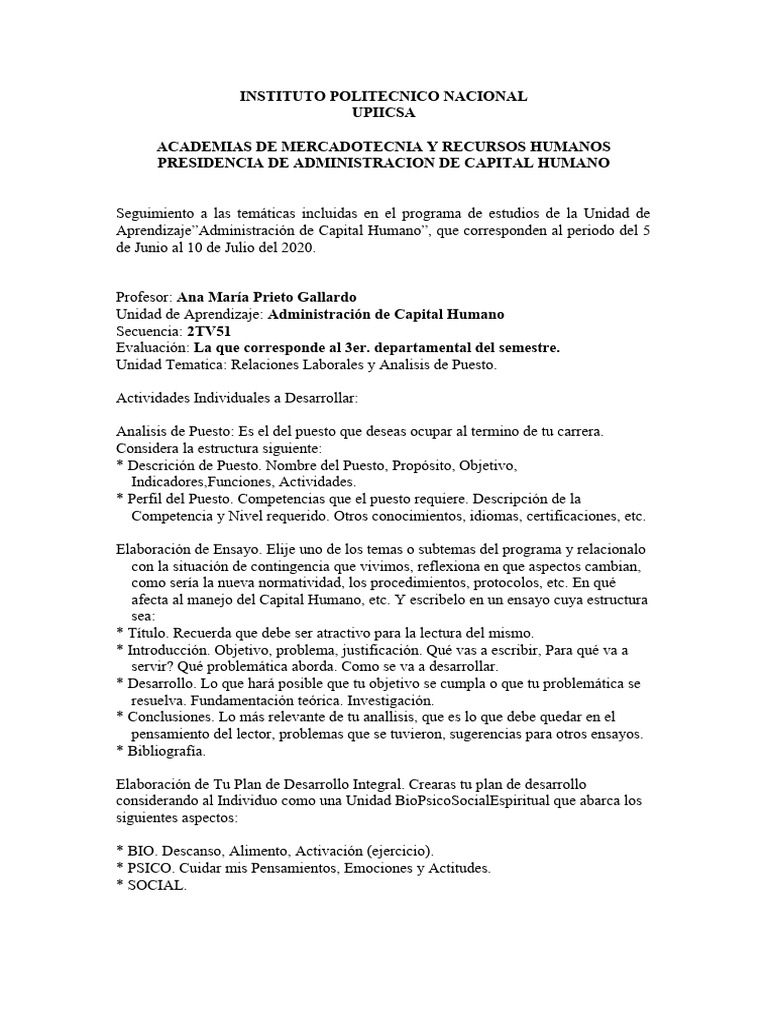 Actividades Capital Humano T 3 | PDF | Ensayos | Cognición
