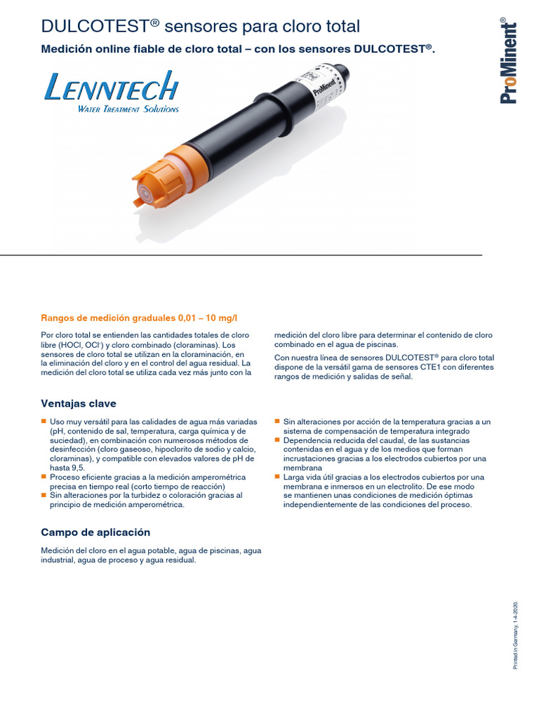 Ficha Sensor Cloro Total - Prominent | Descargar gratis PDF | Sensor | Agua