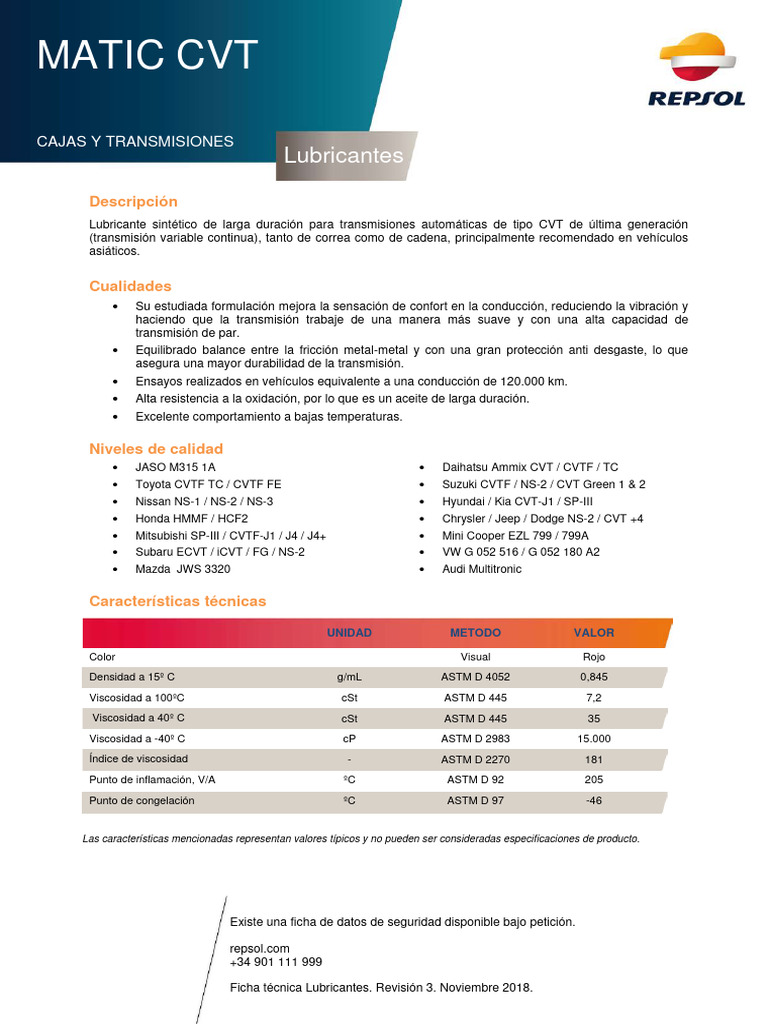 Lubricante Repsol para Transmisiones CVT | PDF | Lubricante | Vehículo ...