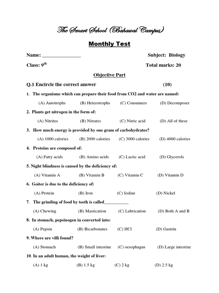 9th class bio test | PDF