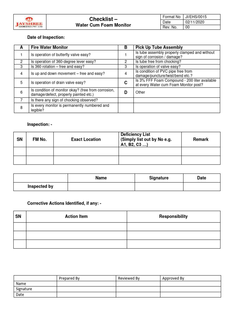 Water Foam Monitor Inspection Checklist | PDF