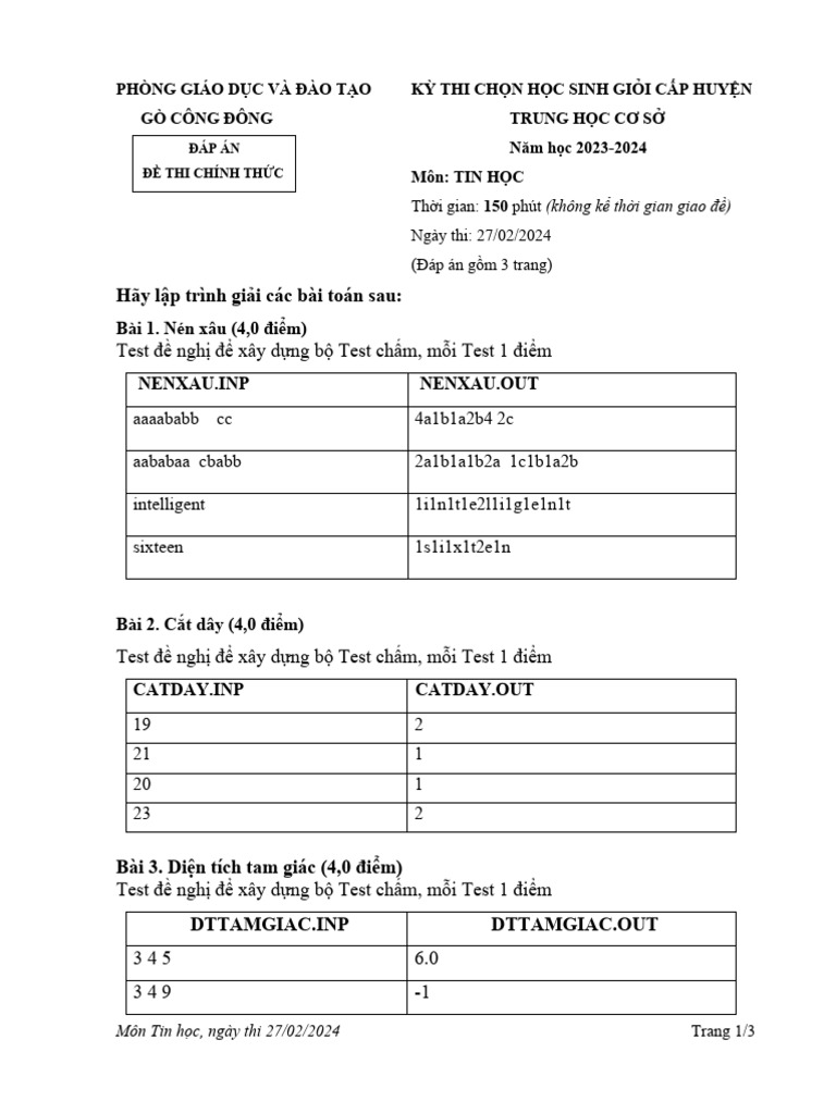 Dap An de Thi HSG Cap Huyen Mon Tin Hoc NH 2023-2024 | PDF