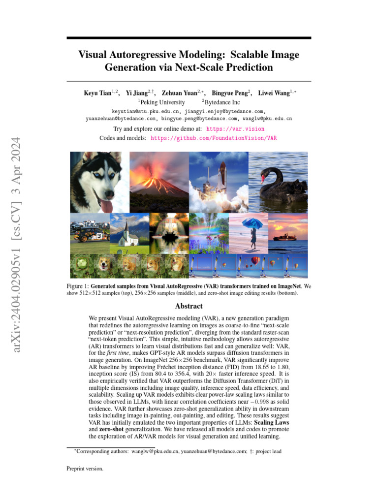 Visual Autoregressive Modeling Scalable Image Generation Via NextScale Prediction PDF