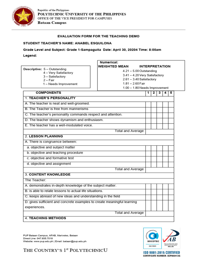 TEACHING DEMONSTRATION EVALUATION FORM PDF FREE DOWNLOAD visual data 2