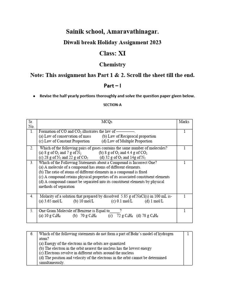 Class 11 Chemistry Holiday Assignment | PDF | Spectroscopy | Emission ...