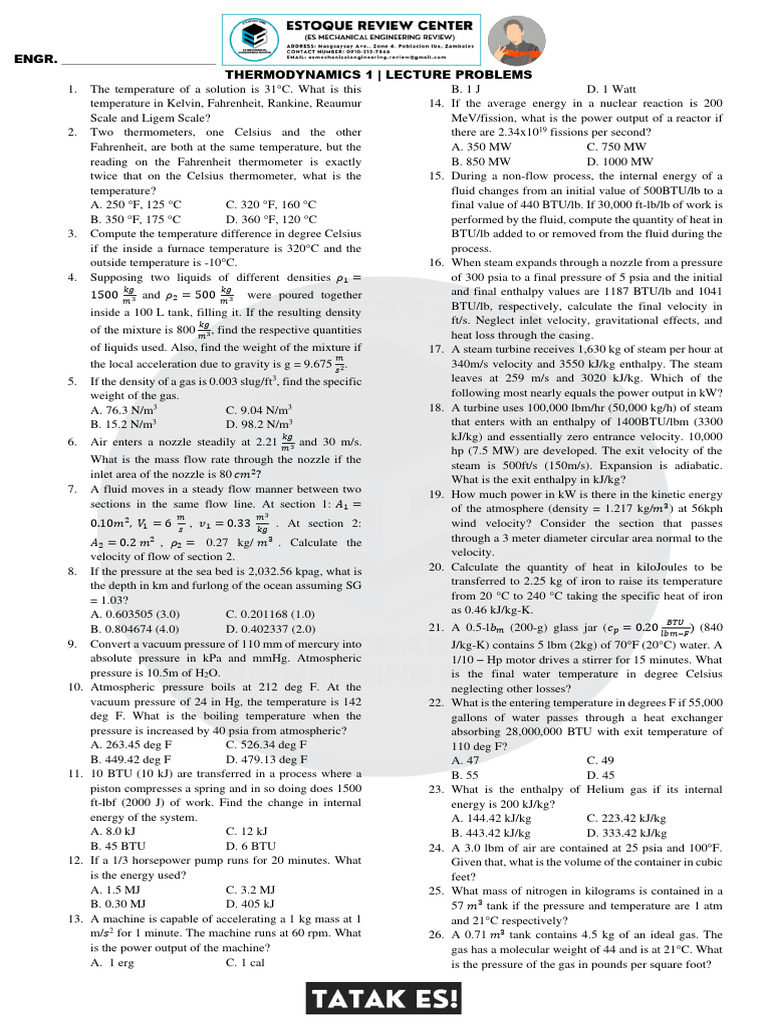 Day 21 Thermodynamics 1 L Lecture Problems Pdf Temperature Pressure