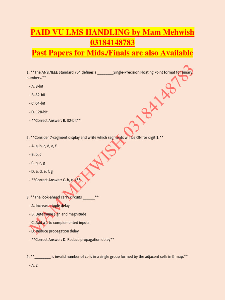CS302 MCQs Mids 2024 Mam Mehwish Download Free PDF Digital Electronics Electronic Design