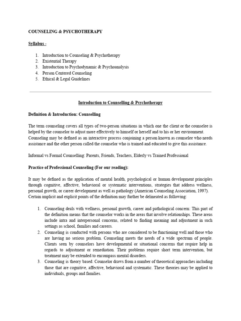Counseling - Psychotherapy Notes | PDF | Psychotherapy | Psychoanalysis