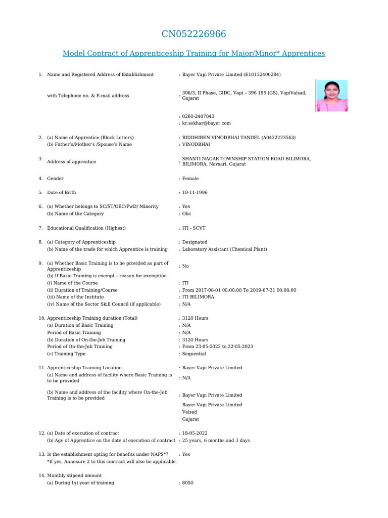 Apprenticeship Contract for Riddhiben Tandel | PDF | Apprenticeship ...