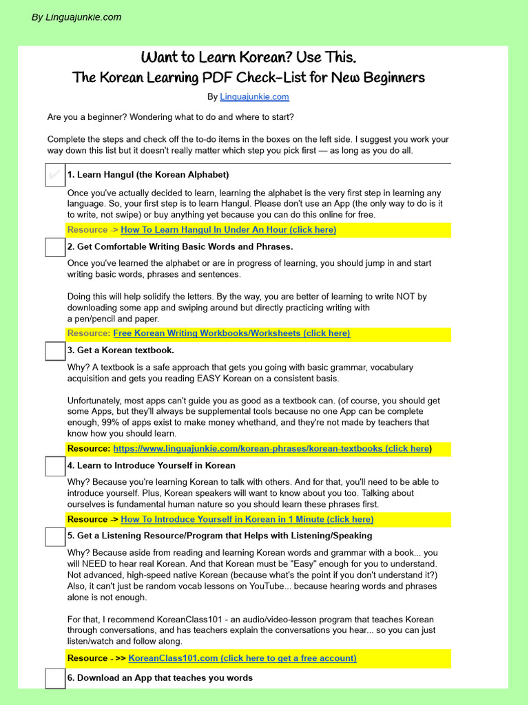 Korean Learning Checklist for Beginners | PDF | Korean Language | Textbook