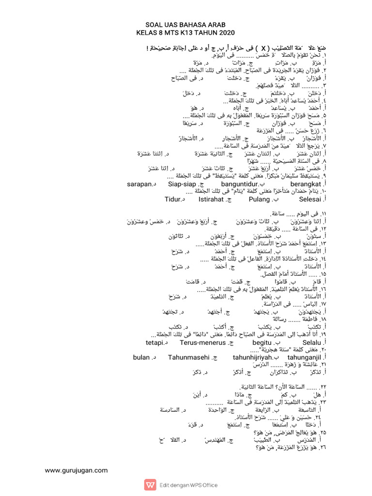 Soal Uas Bahasa Arab Mts Kelas 8 Semester 1 | PDF