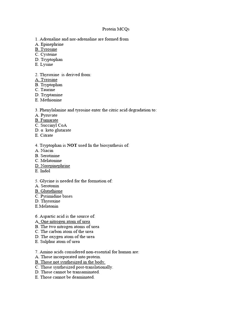 Protein MCQs PDF Biosynthesis Amino Acid
