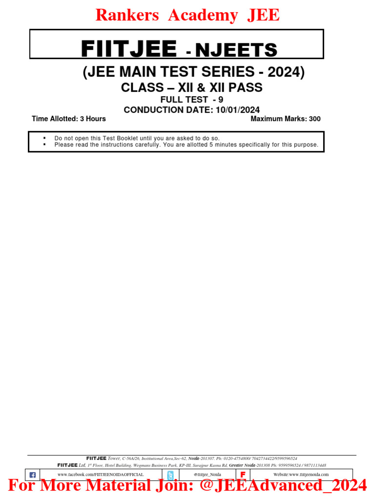 JEE Main Test Series - Full Test 9 | PDF | Force | Molecular Orbital