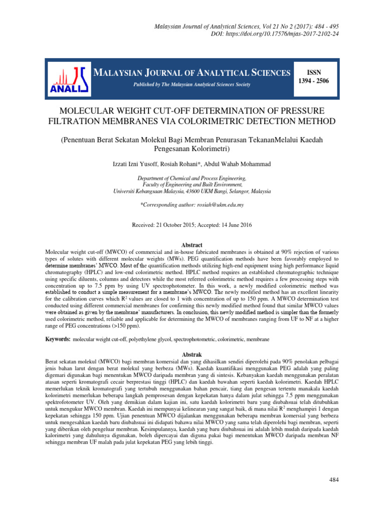 MWCO Measurement via Colorimetric Method | PDF | Membrane ...