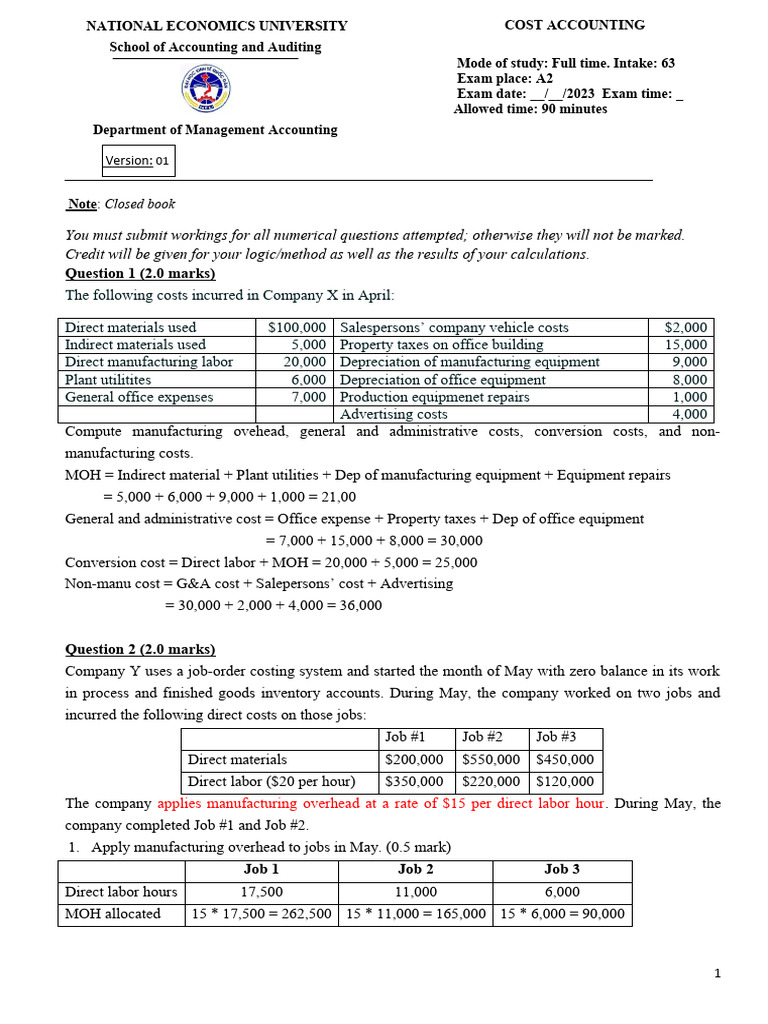Mock Exam Cost Acct 2023 | PDF | Accounting | Economies