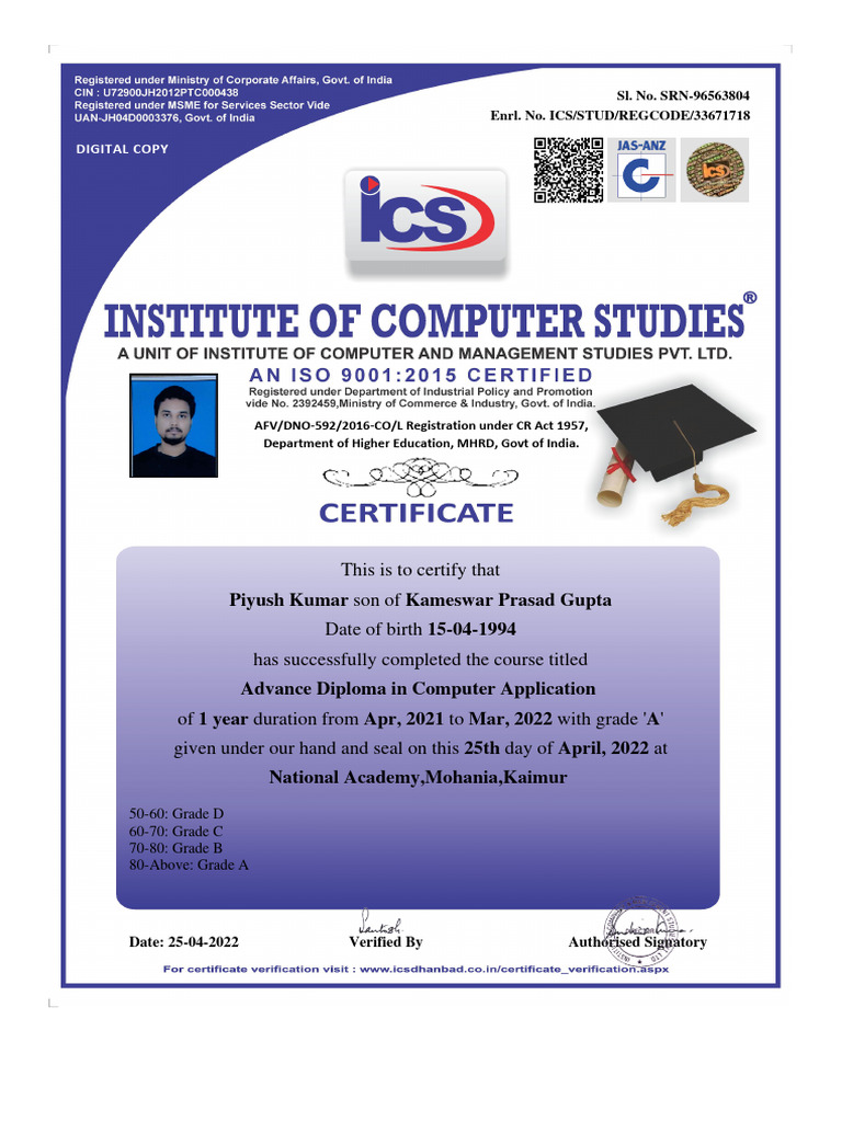 Advance Diploma in Computer Application Certificate | PDF