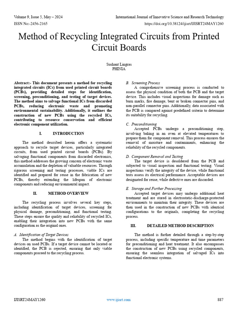 Method of Recycling Integrated Circuits From Printed Circuit Boards Download Free PDF