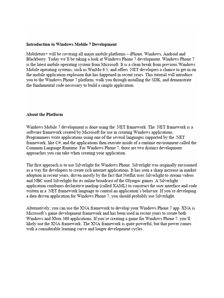 Introduction To Windows Mobile 7 Development | PDF | Windows Phone ...