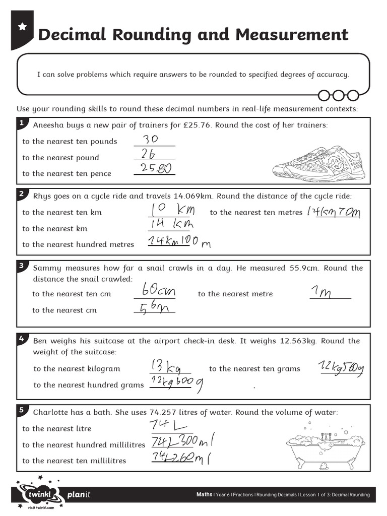 Decimal Rounding and Measurement Activity Sheet | PDF | Litre | Volume