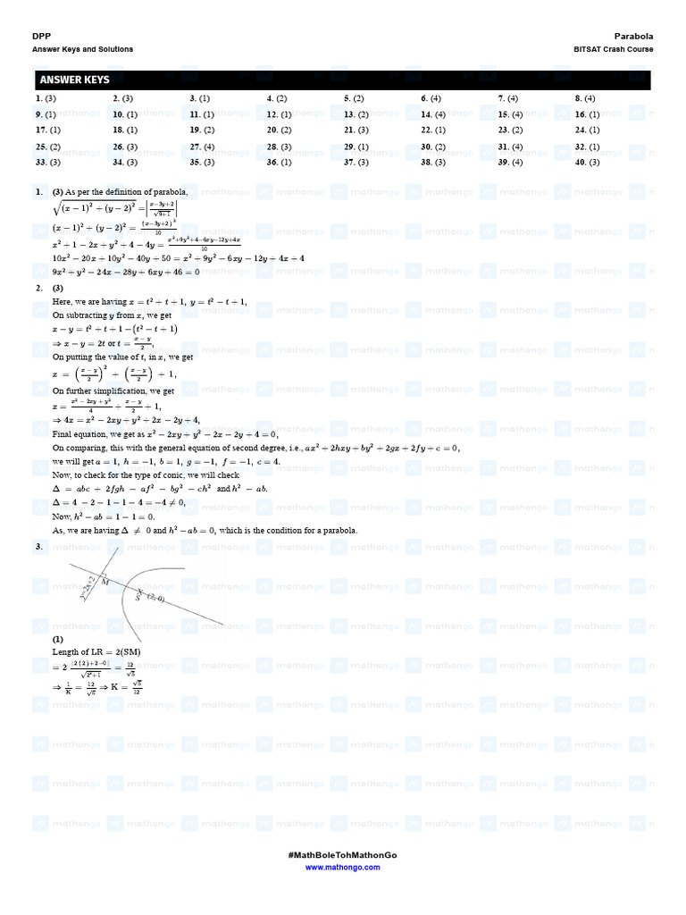 Solution DPP Parabola BITSAT Crash Course MathonGo PDF Mathematics