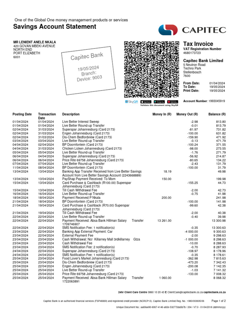 Capitec Bank Savings Account Statement | PDF | Personal Finance | Money