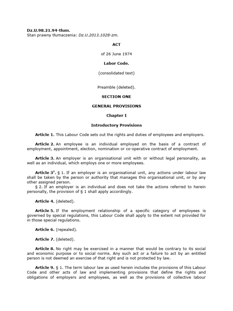 Poland Labor Code Overview 1974 | PDF | Employment | Labour Law
