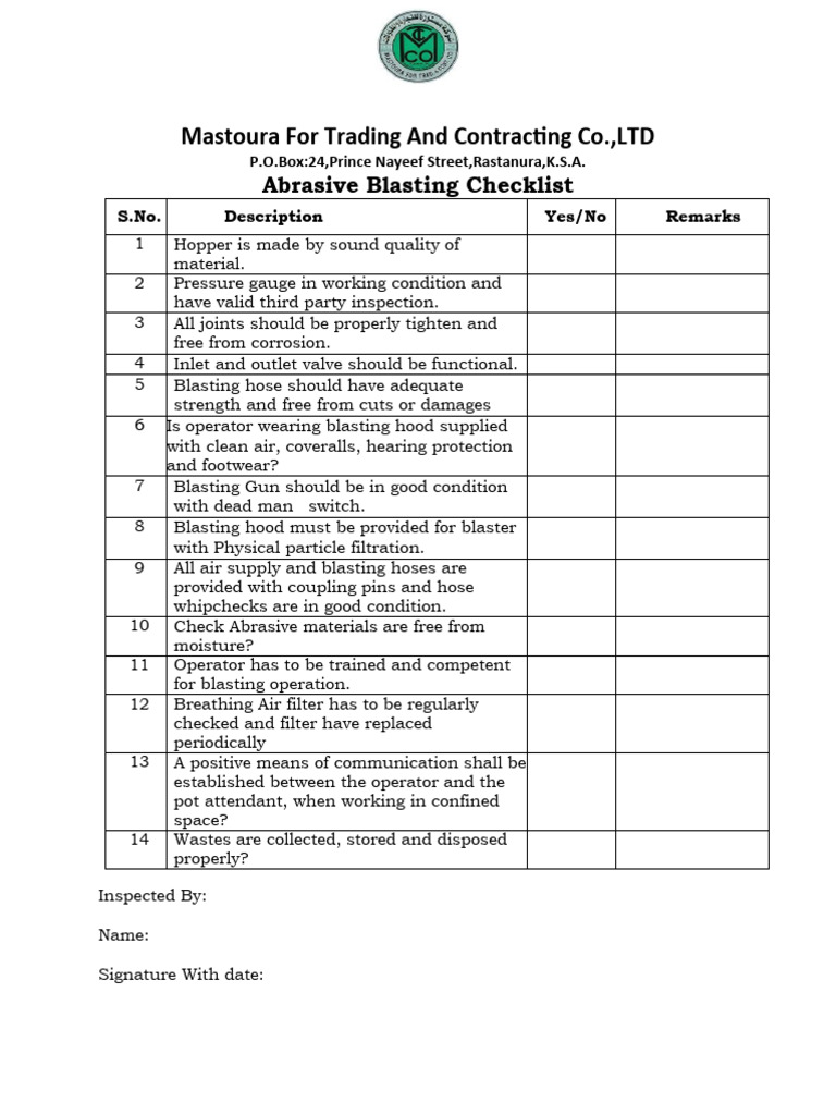 Abrasive Blasting Checklist PDF