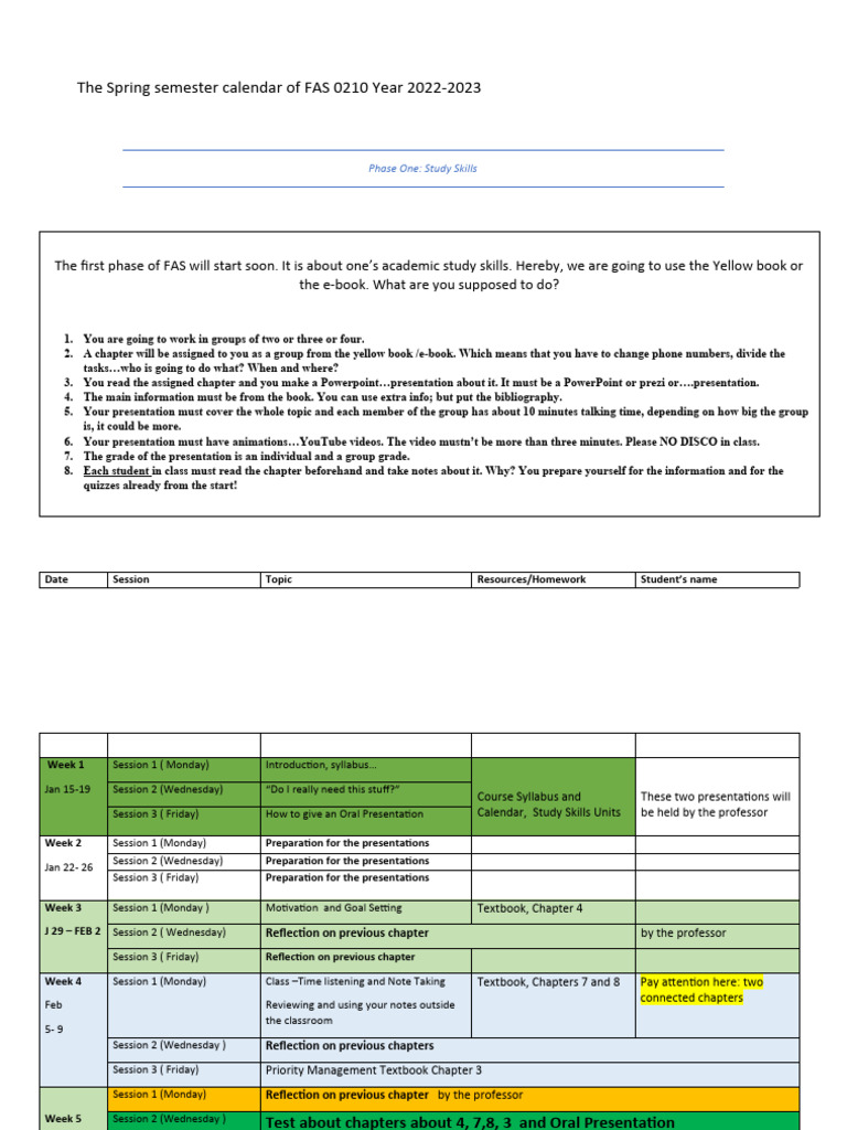 The Spring Semester Calendar of FAS 0210 Year 20232024 PDF Study
