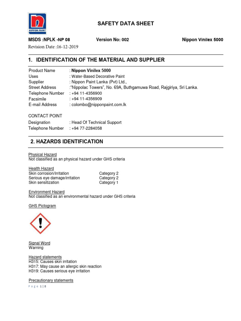 Nippon Vinilex 5000 Safety Data Sheet | PDF | Dangerous Goods | Toxicity
