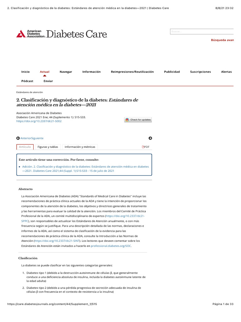 Diagnóstico y clasificación de diabetes ADA | PDF | Diabetes | Obesidad