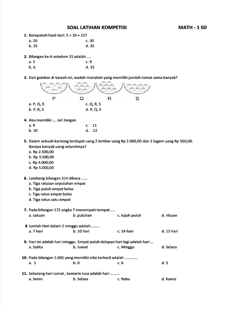 Soal Latihan Matematika Kelas 1 Sd Pdf Metode Bahan Ajar