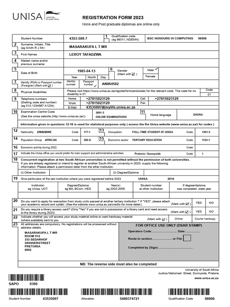 UNISA Pretoria Registration Form 2023 | PDF | Academic Degree ...