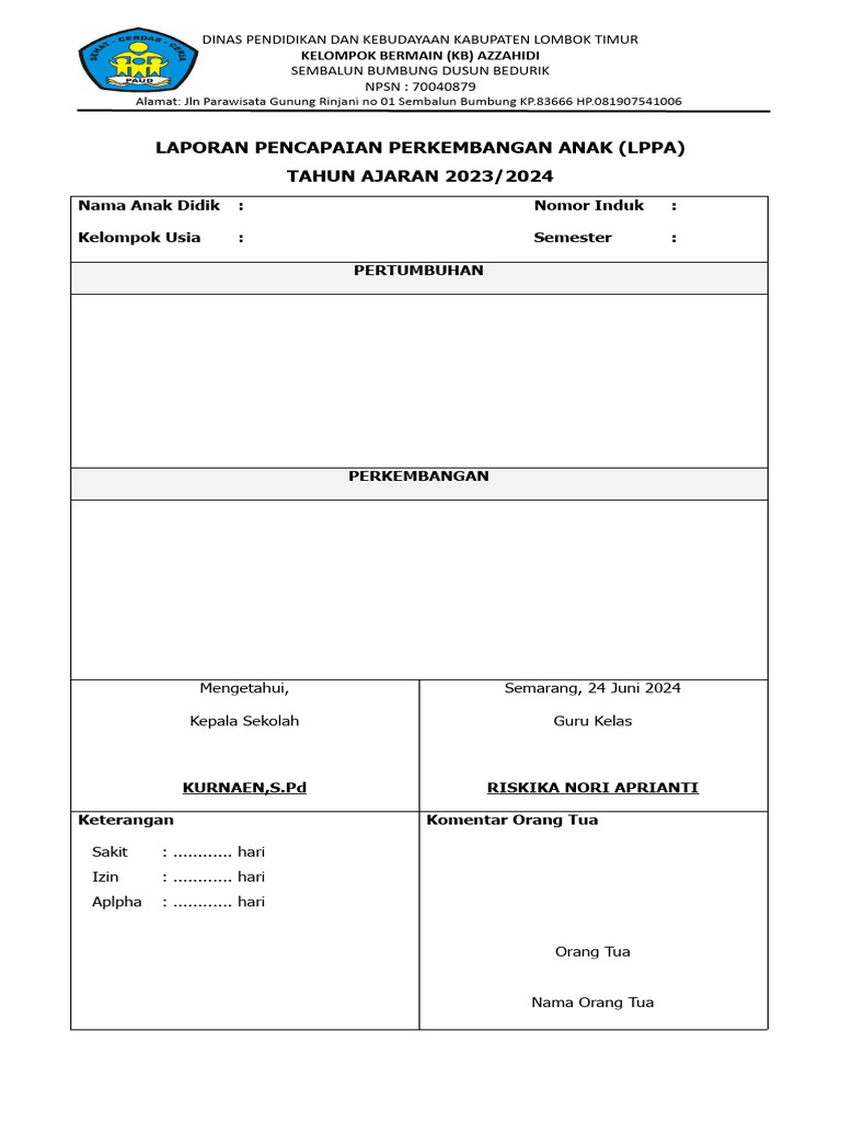 Panduan Pengisian LPPA PAUD | PDF | Kesehatan Holistik